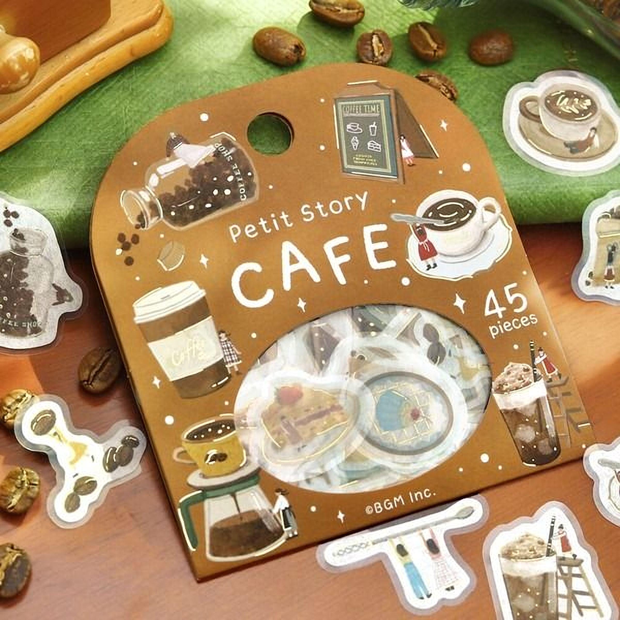 a brown sticker pack with various coffee-related illustrations, including coffee cups, mugs, and coffee beans. The pack is labeled as "Petit Story CAFE" and contains 45 pieces.