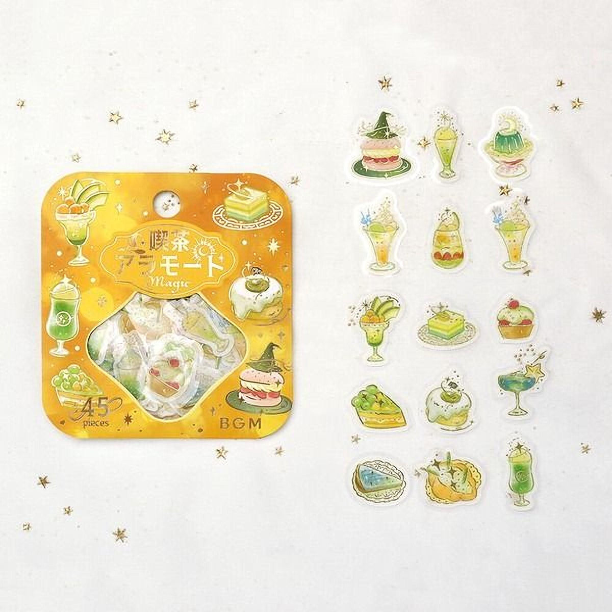 a collection of colorful stickers depicting various desserts and drinks, including cakes, ice cream, and cocktails, arranged on a white background.