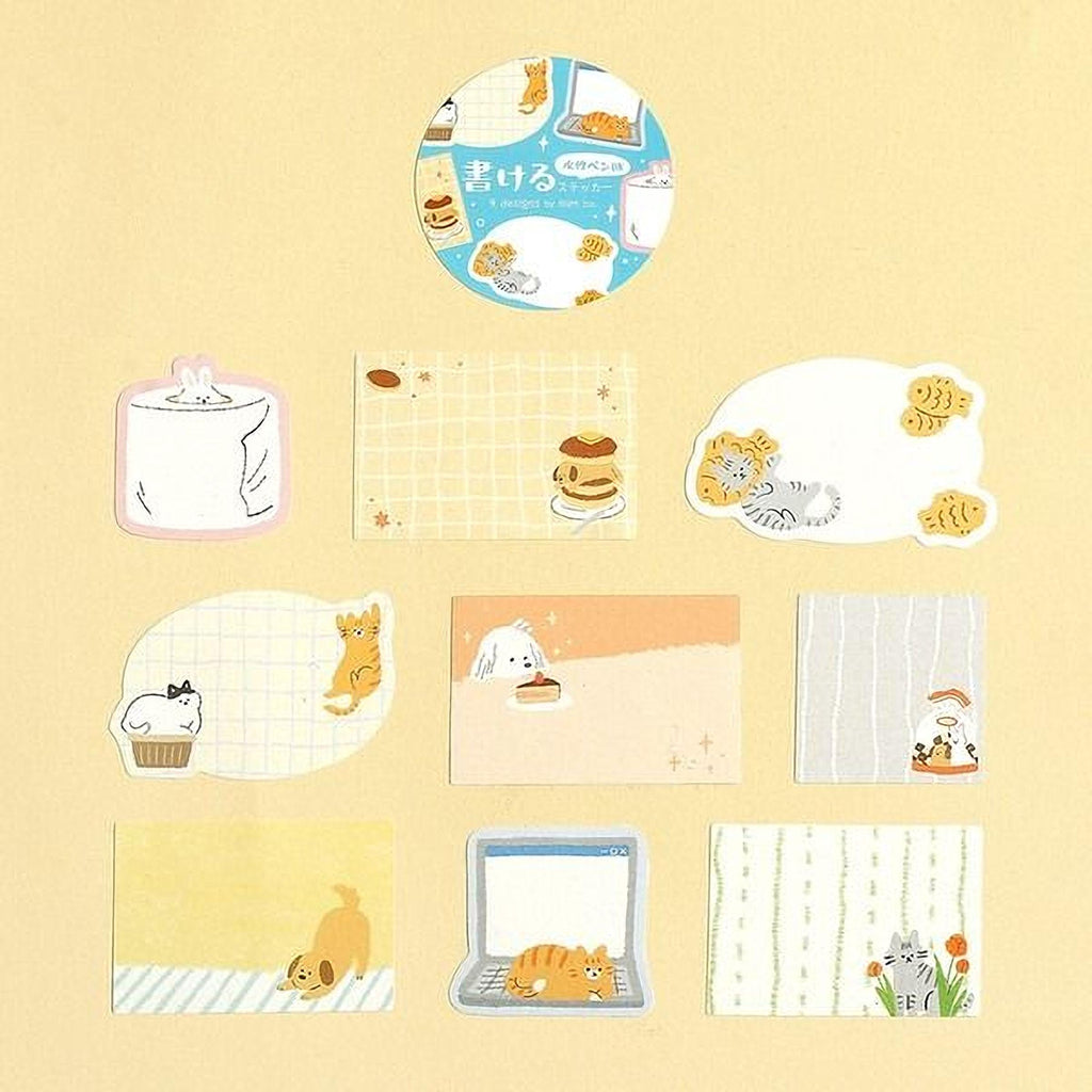 a collection of nine different cat-themed stickers or illustrations, each featuring various cats and cat-related objects.