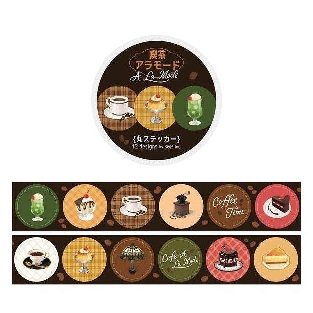 The image is a collection of circular stickers featuring various desserts and coffee-related items, such as coffee cups, ice cream cones, and cakes.