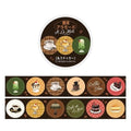 The image is a collection of circular stickers featuring various desserts and coffee-related items, such as coffee cups, ice cream cones, and cakes.
