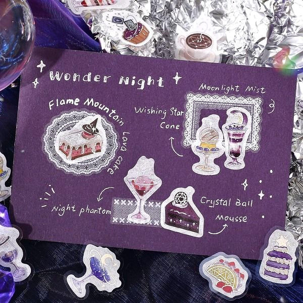 The image is a purple card with various illustrations and text related to desserts and night-time themes, including a cake, ice cream, and a crystal ball.