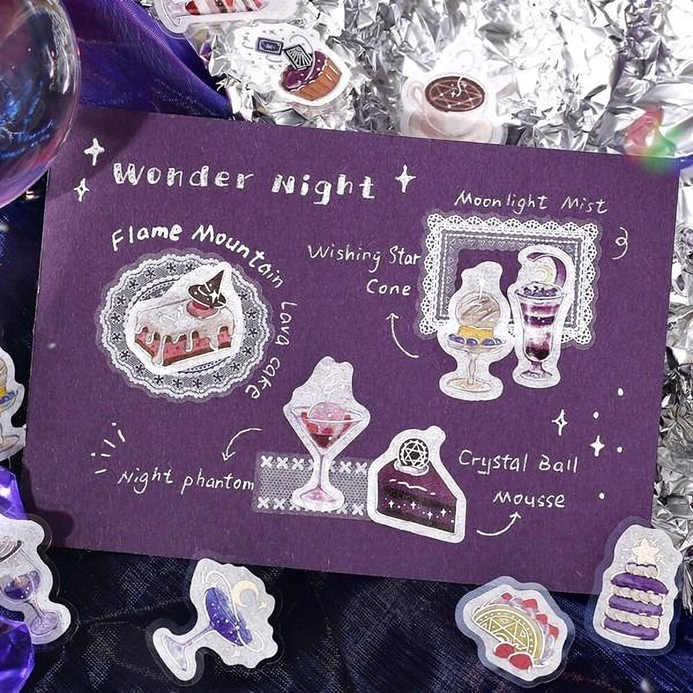 The image is a purple card with various illustrations and text related to desserts and night-time themes, including a cake, ice cream, and a crystal ball.