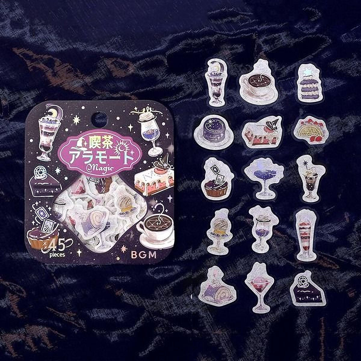 a collection of stickers with various desserts and food items, including cakes, ice cream, and other sweet treats, arranged on a dark background.