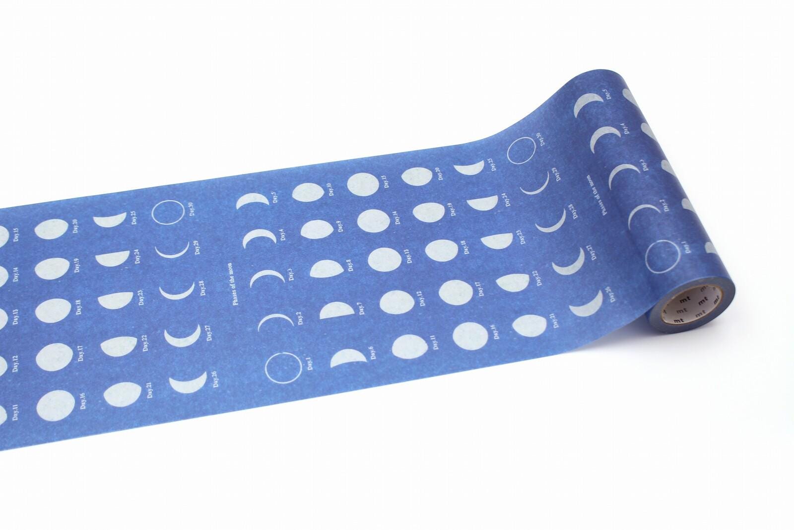 A roll of blue paper with a repeating pattern of white circles and lines, resembling the phases of the moon.