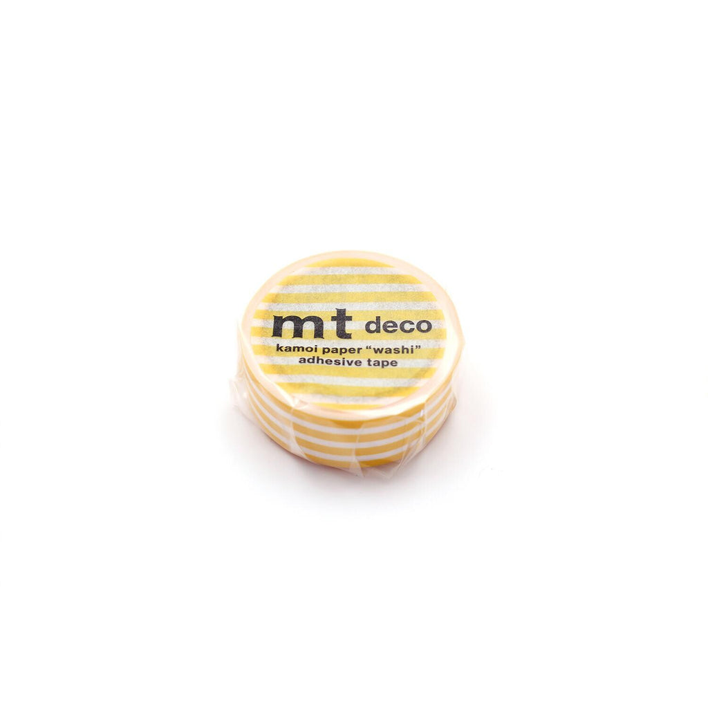A yellow and white striped package of kamori paper washi tape.