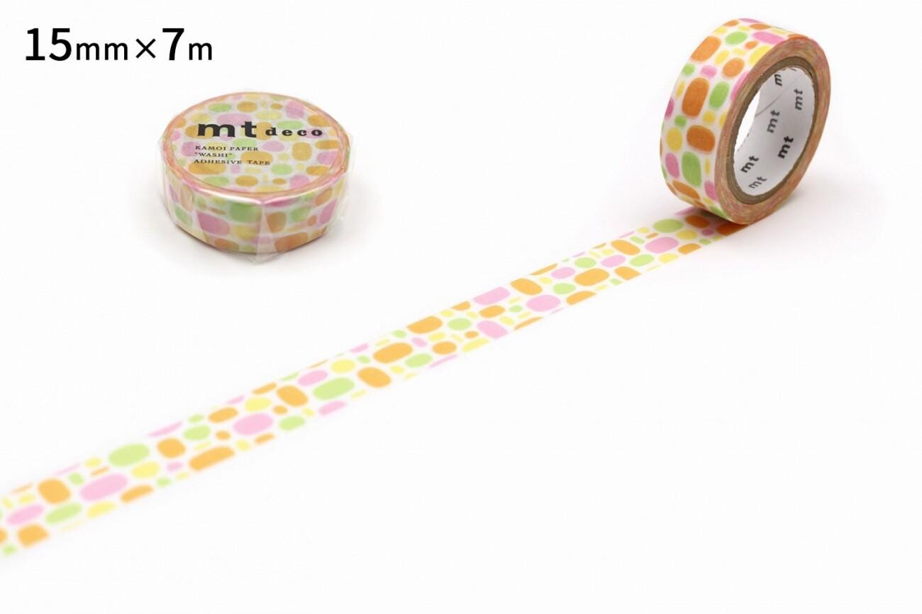 a roll of colorful polka dot pattern tape and a single roll of the same tape, both placed on a white background.