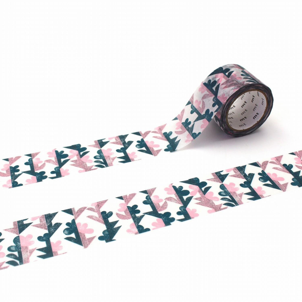 a roll of patterned tape with a repeating floral design in shades of pink and green.
