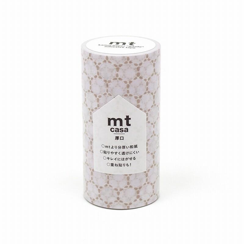 A cylindrical container with a patterned design, featuring the text "mt casa" and Japanese text.