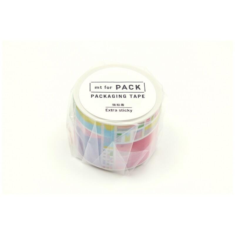 A roll of packaging tape with a label that reads "mt for PACK PACKAGING TAPE Extra Sticky".