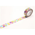 A roll of colorful patterned tape with a vibrant design of circles and dots is shown against a plain white background.