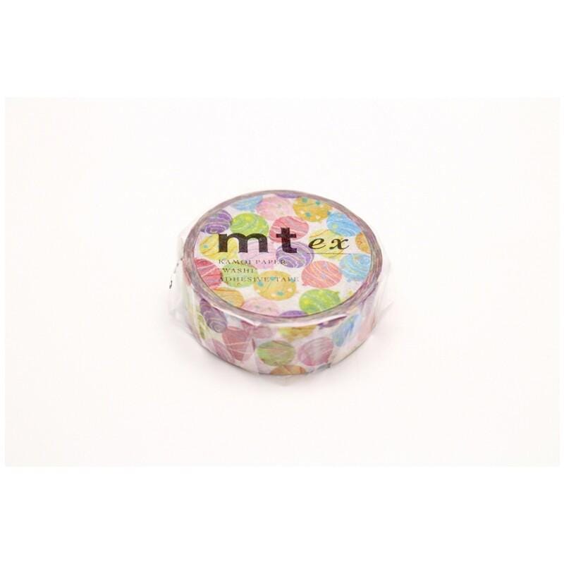 A round, colorful, and patterned roll of tape with the brand name "mtex" printed on it.