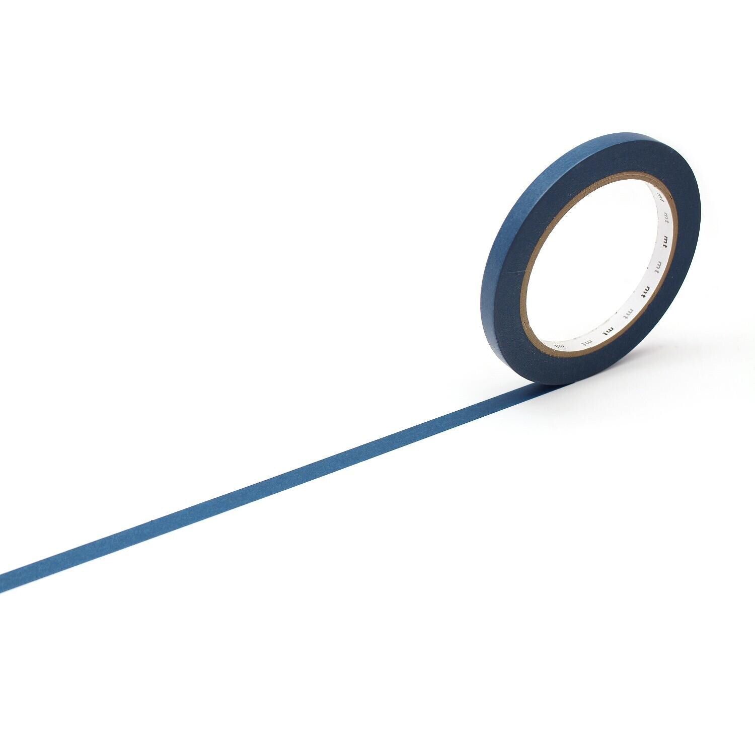 A roll of blue tape is lying on its side on a white background.