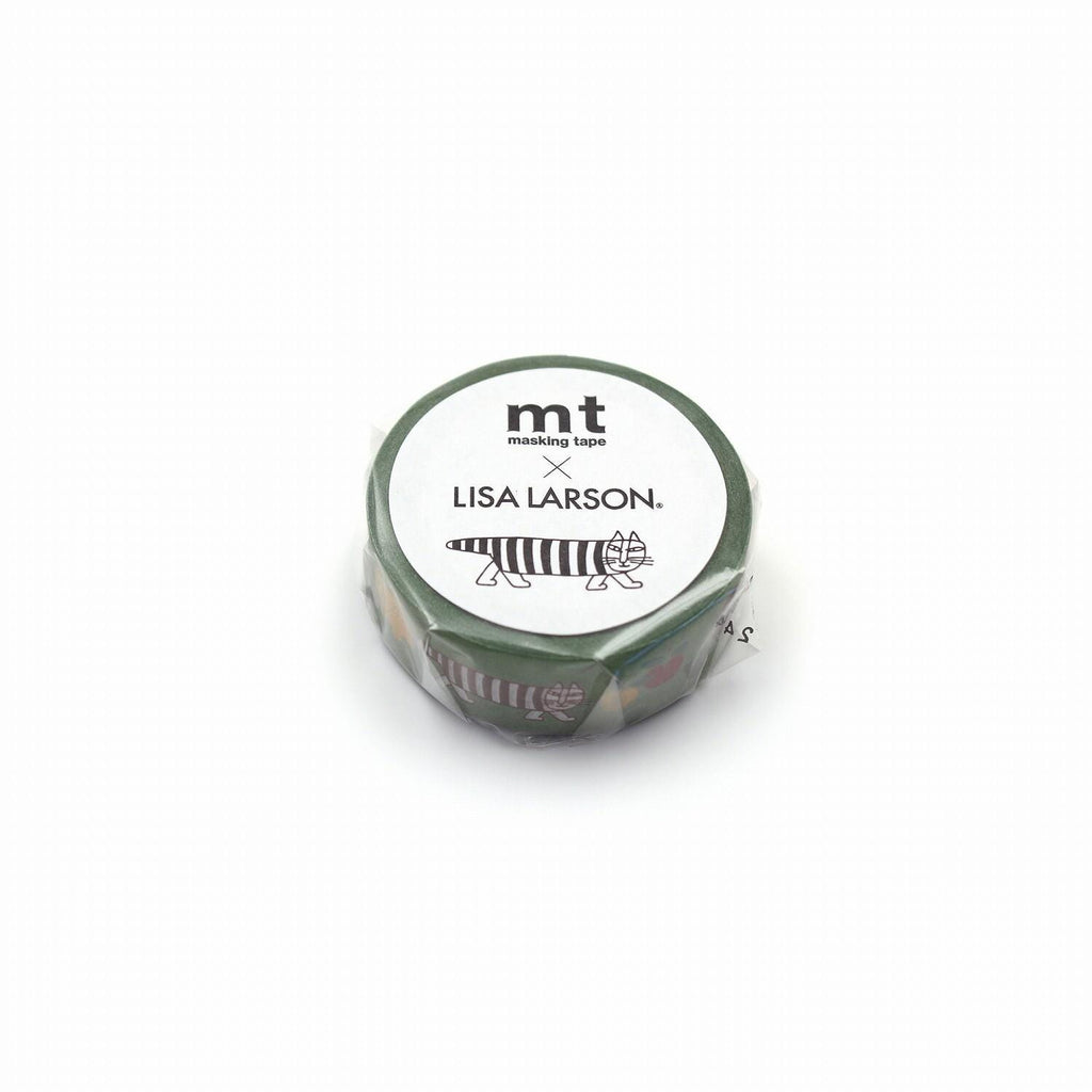 A roll of green and white masking tape with a label that says "Lisa Larson" and features a raccoon illustration.