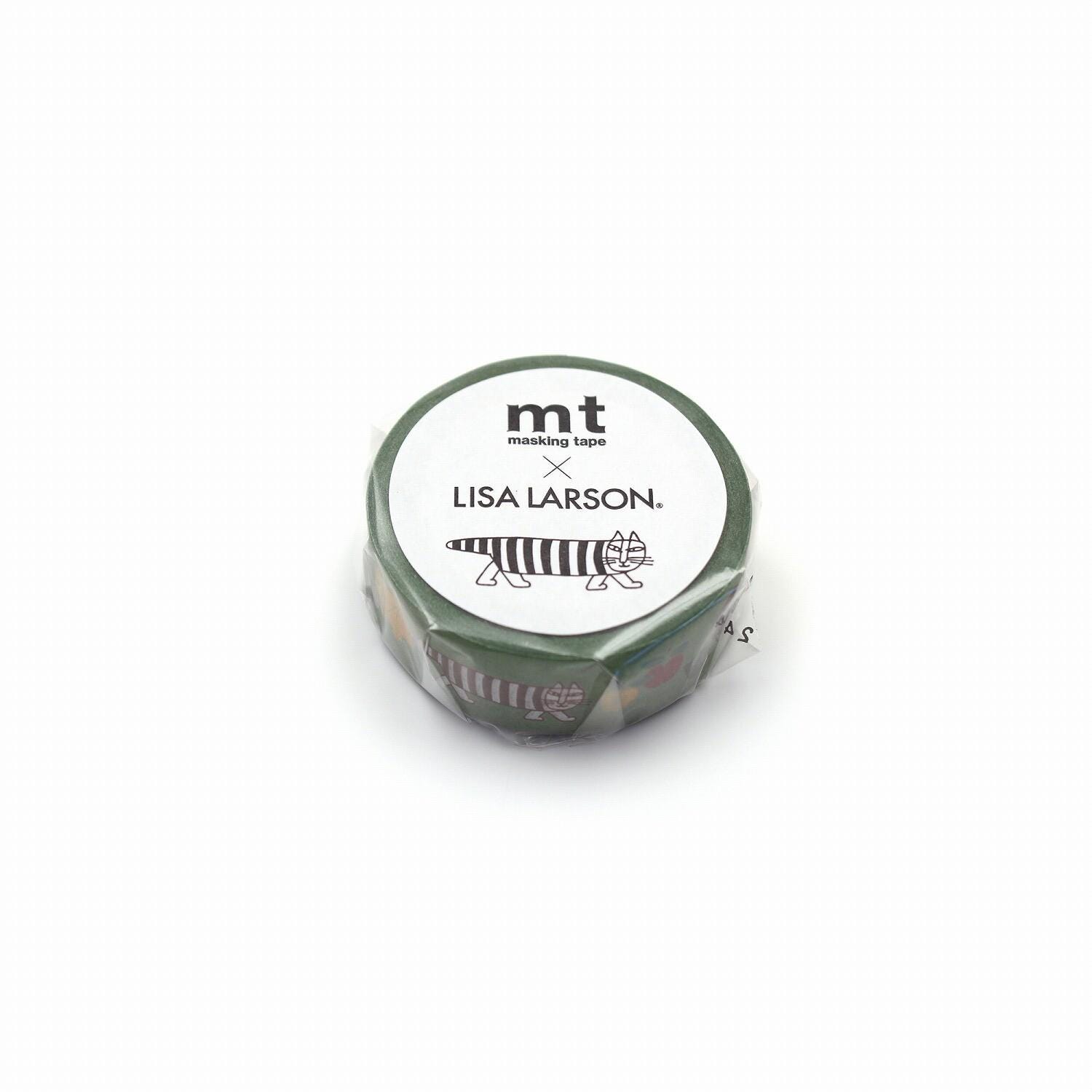 A roll of green and white masking tape with a label that says "Lisa Larson" and features a raccoon illustration.