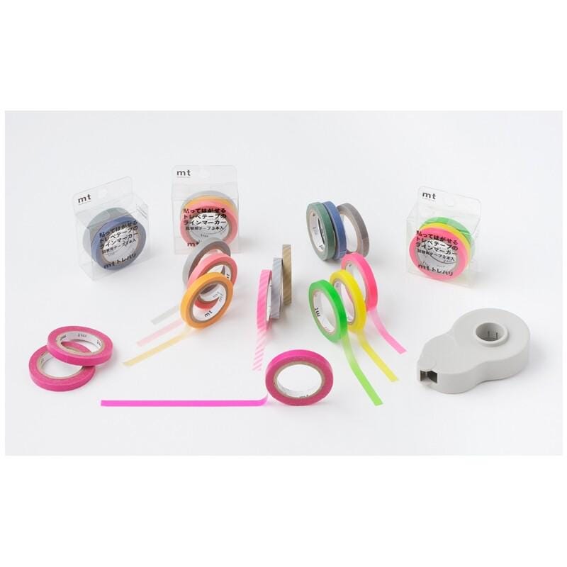 a variety of colorful and transparent tape rolls, including pink, green, yellow, and blue ones, arranged on a white background.