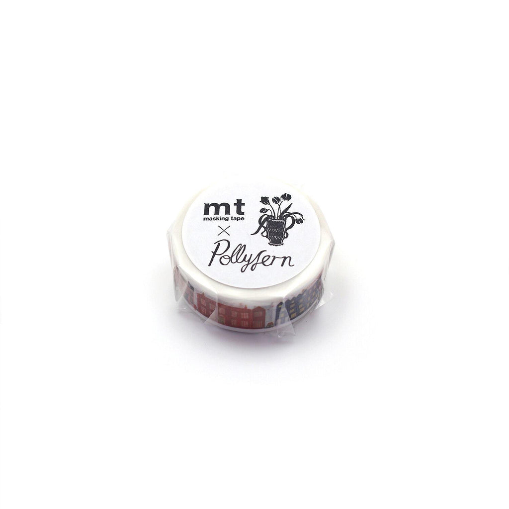 A roll of masking tape with a label that includes the text "mt" and "Pollypen" printed on it.