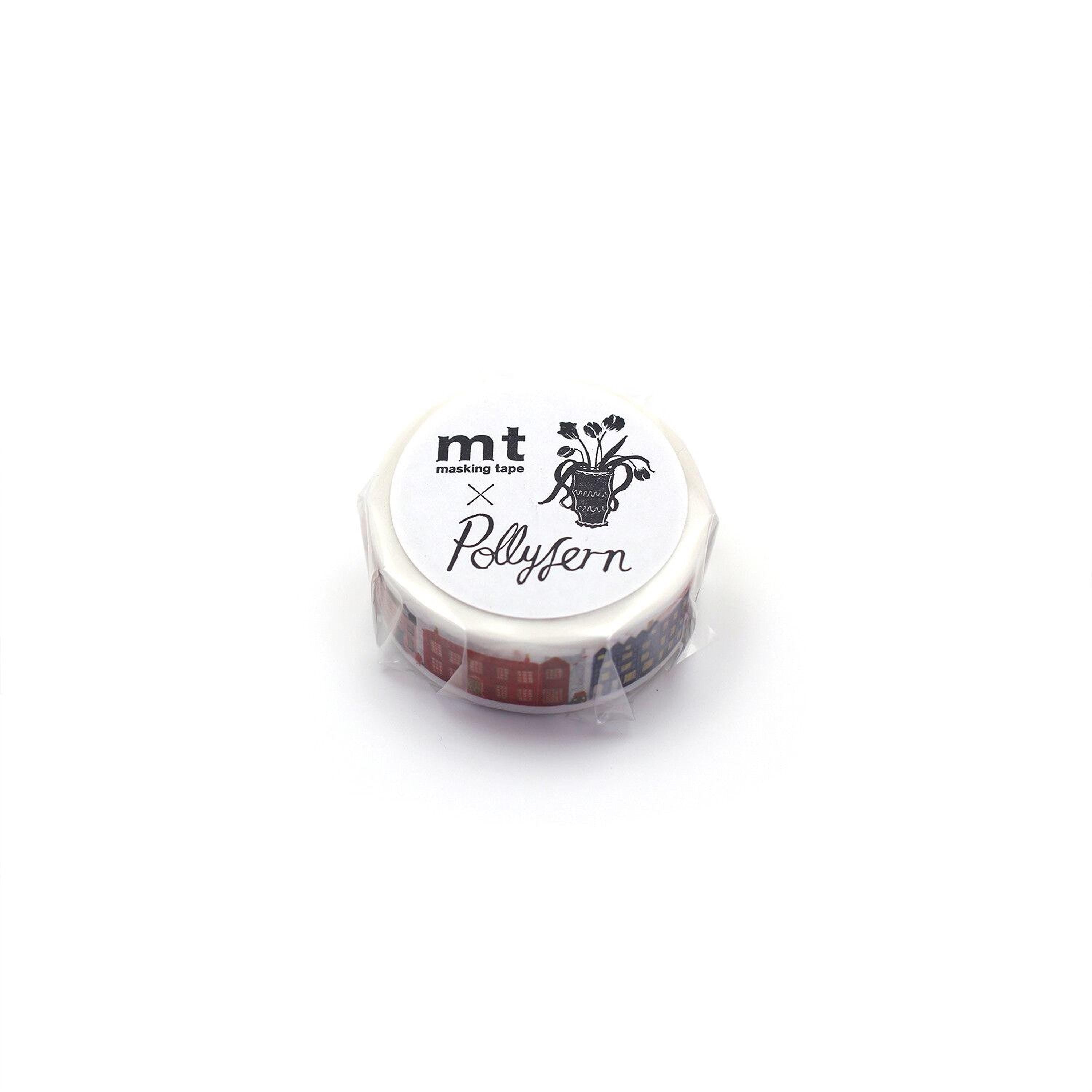A roll of masking tape with a label that includes the text "mt" and "Pollypen" printed on it.