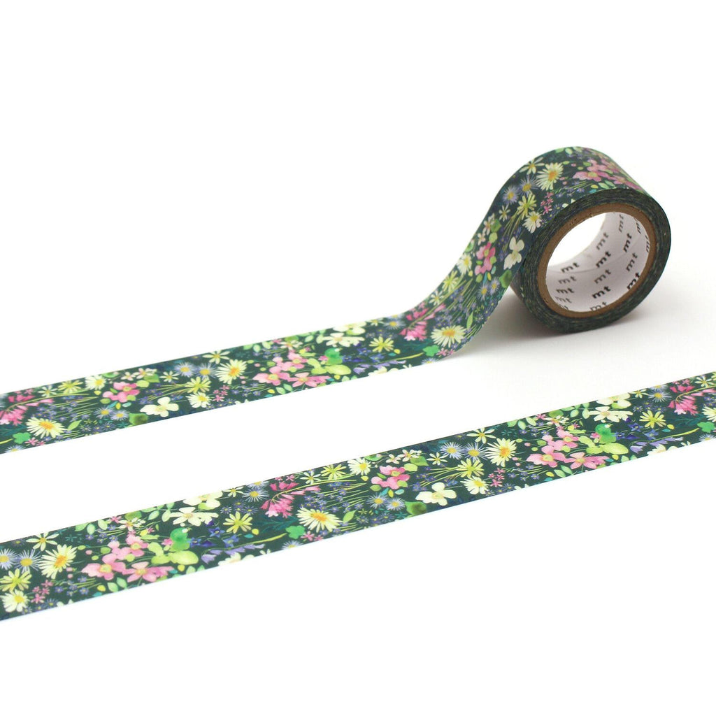 A roll of floral patterned tape is lying on a white surface, with the tape partially unspooled and extending across the image.
