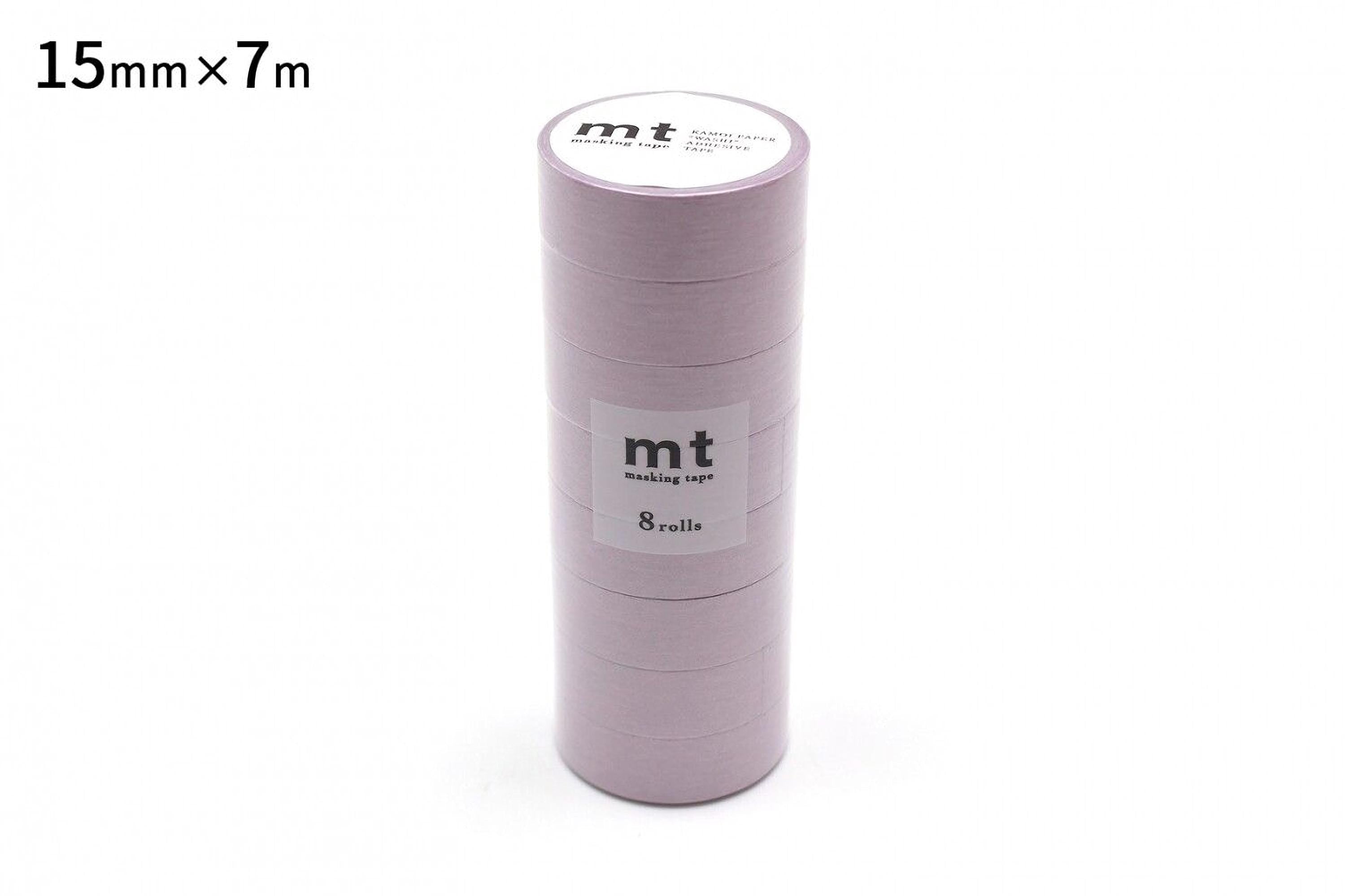 A stack of pink masking tape rolls with the label "mt masking tape" and the size "15mm x 7m".