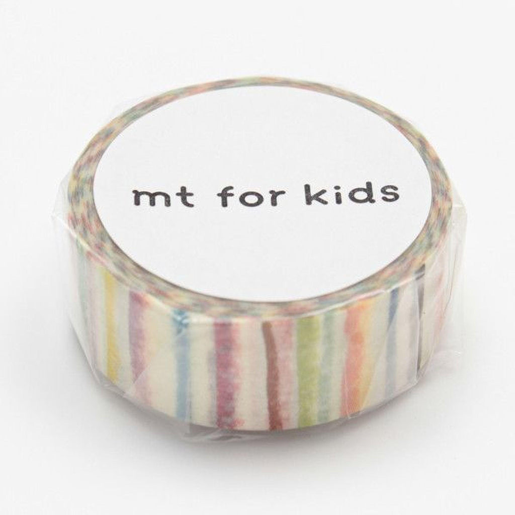 A roll of multicolored washi tape with the text "mt for kids" printed on it.
