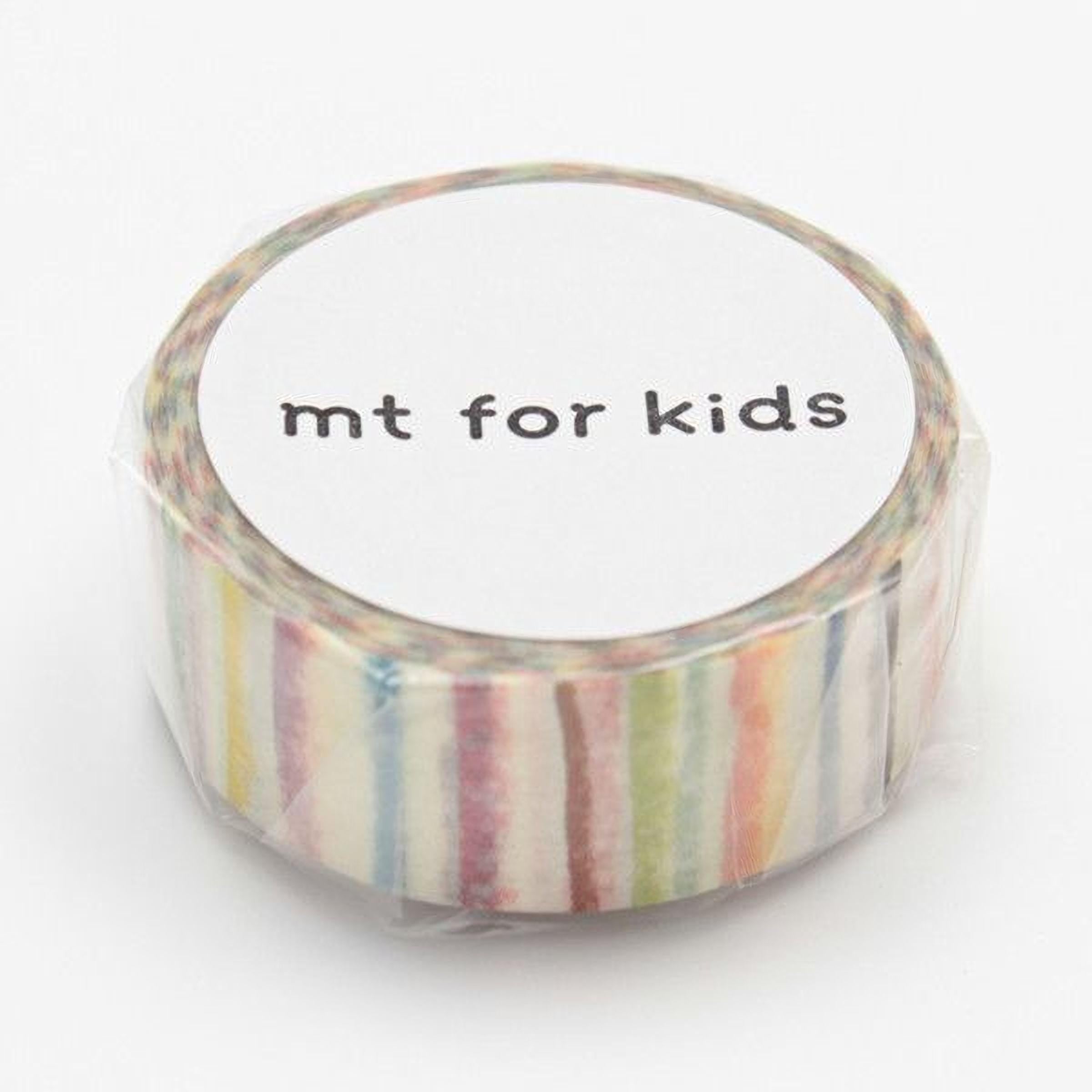 A roll of multicolored washi tape with the text "mt for kids" printed on it.