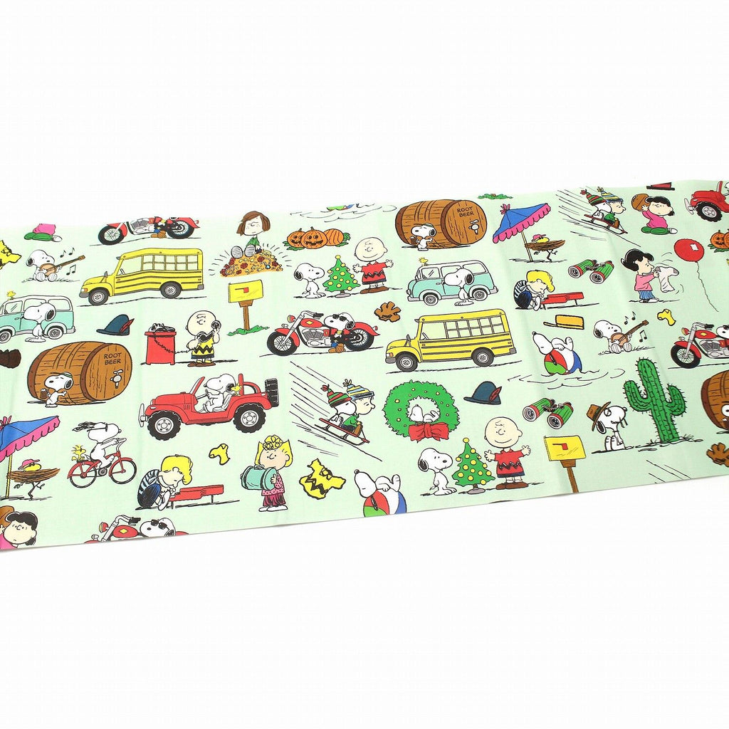 The image is a collage of various cartoon characters and vehicles, including Snoopy, a school bus, a motorcycle, a car, a bicycle, a dog, a pumpkin, a tree, a cactus, and other elements.