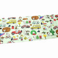 The image is a collage of various cartoon characters and vehicles, including Snoopy, a school bus, a motorcycle, a car, a bicycle, a dog, a pumpkin, a tree, a cactus, and other elements.