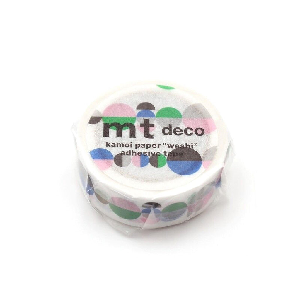A roll of kamoi paper "washi" adhesive tape with a colorful polka dot pattern.
