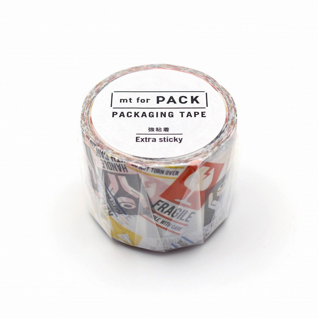 A roll of packaging tape with a label that reads "mt for PACK PACKAGING TAPE Extra sticky".