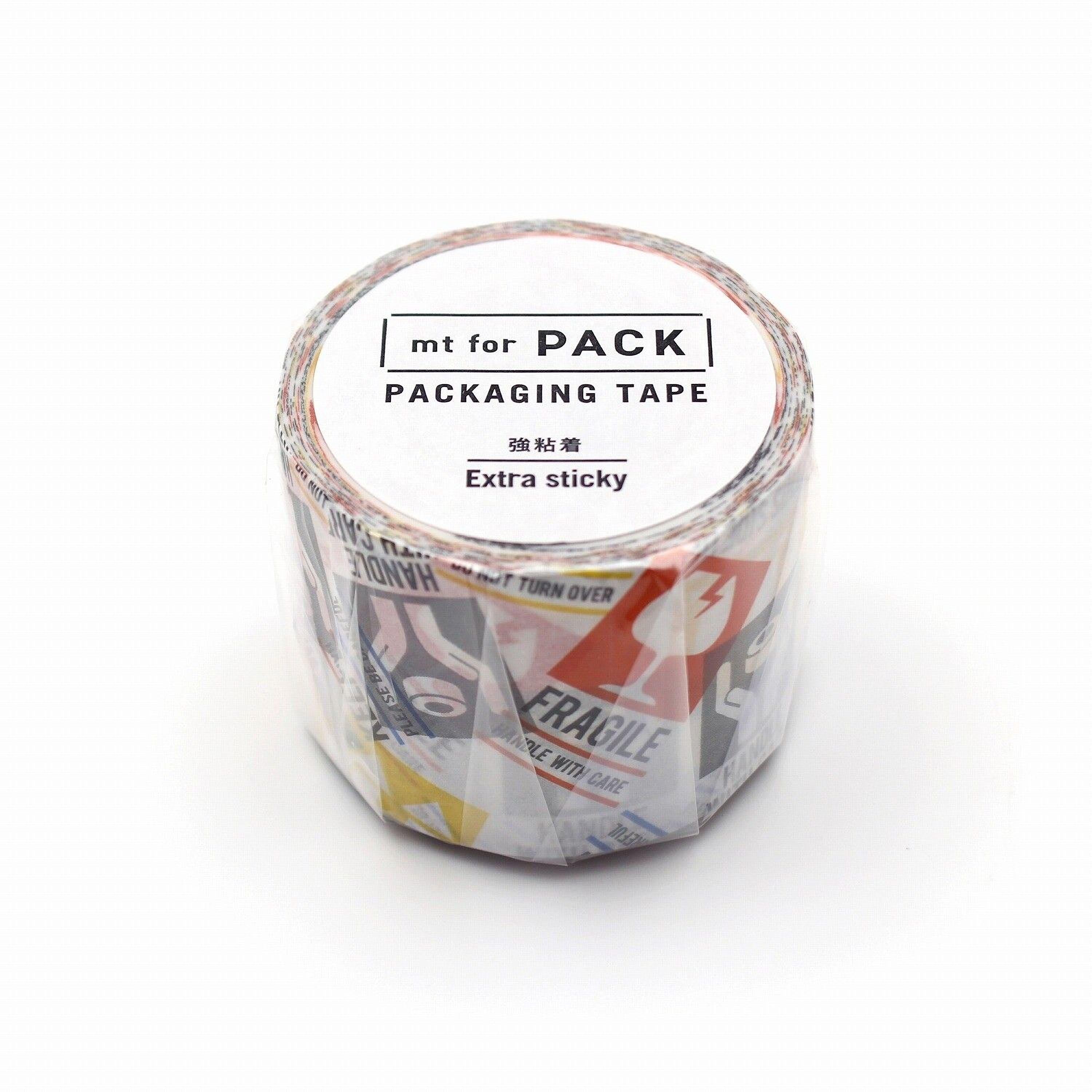 A roll of packaging tape with a label that reads "mt for PACK PACKAGING TAPE Extra sticky".