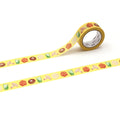 a roll of yellow tape with a repeating pattern of various food items, such as mushrooms, tomatoes, and other vegetables, on it.