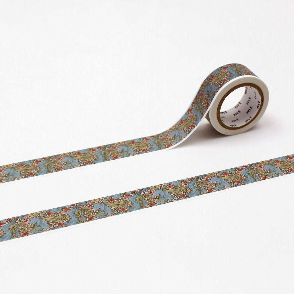 a roll of patterned tape with a floral design, lying on a white surface.