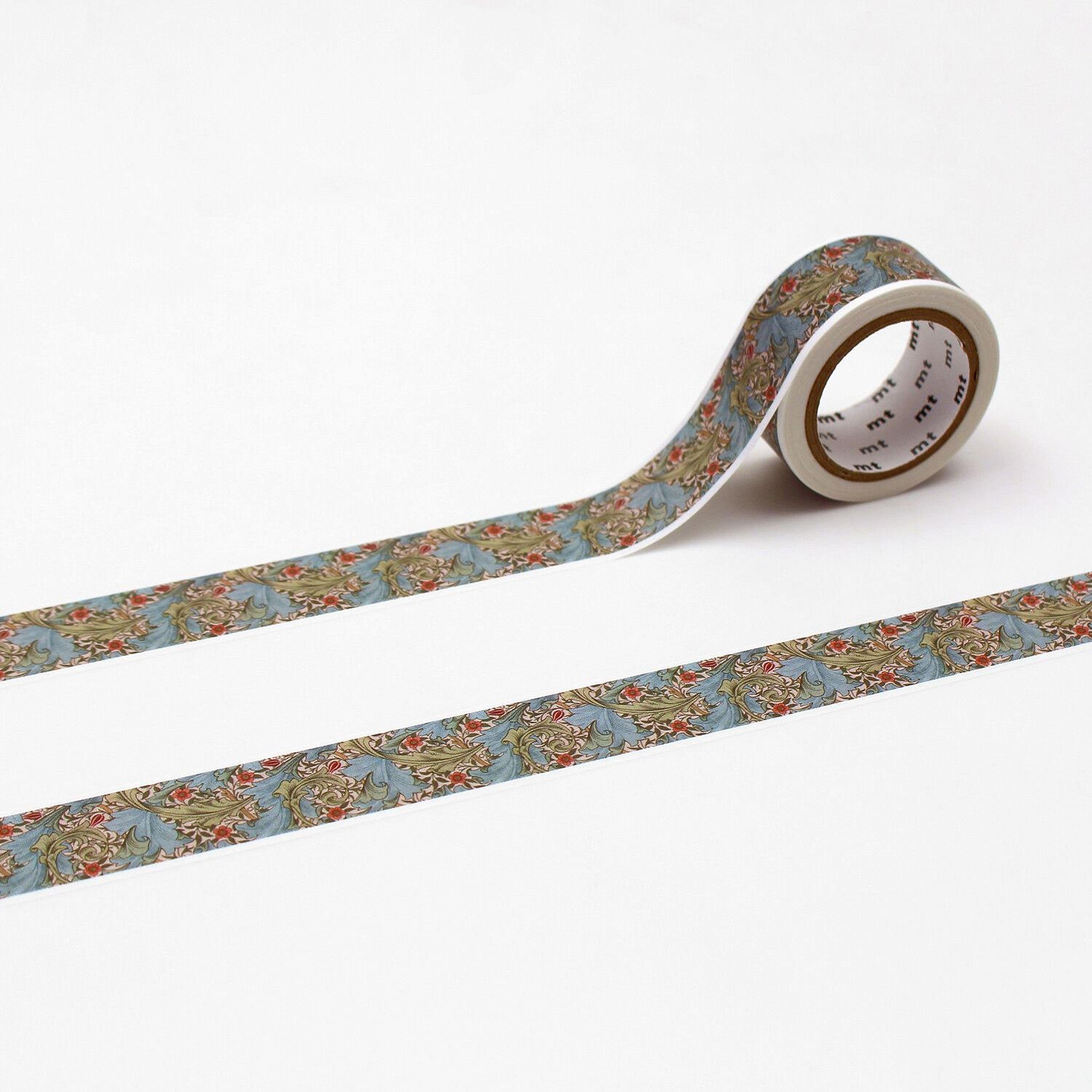 a roll of patterned tape with a floral design, lying on a white surface.
