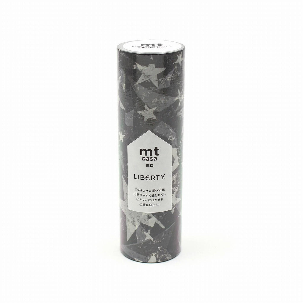 A cylindrical container with a black and white star pattern design, featuring the word "LIBERTY" prominently displayed on it.