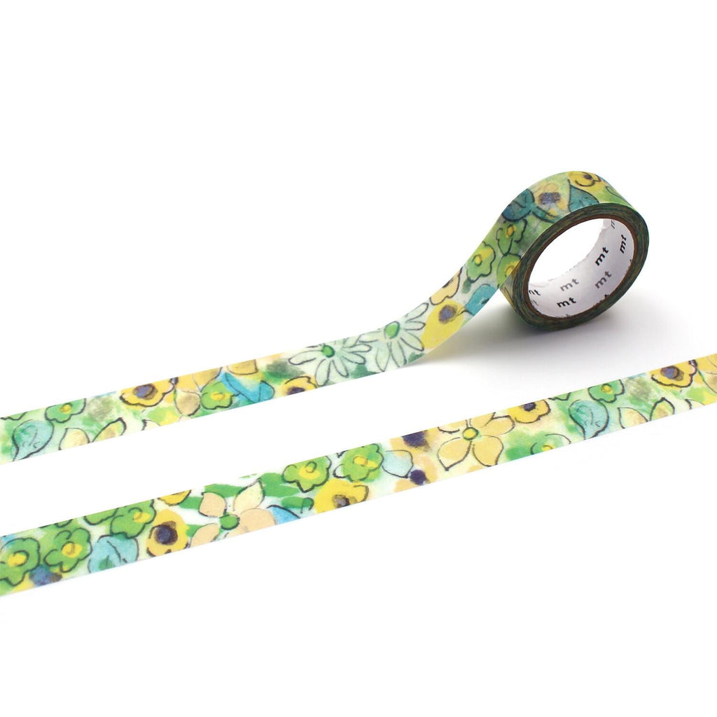 a roll of floral patterned tape on a white background.