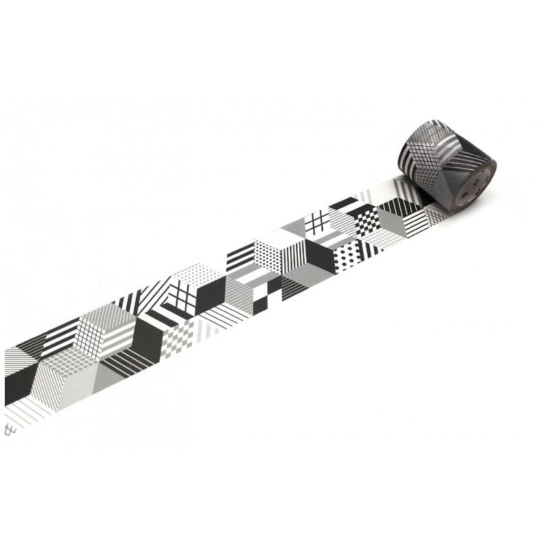 A roll of black and white geometric pattern tape is lying on a white surface.
