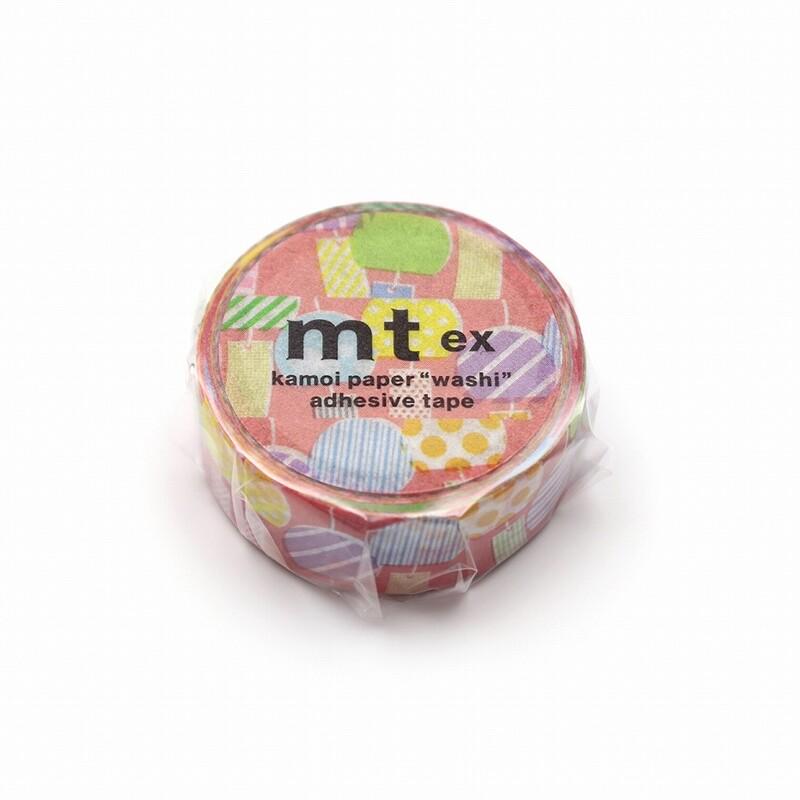 A round, clear tape dispenser with a colorful, abstract pattern on it.