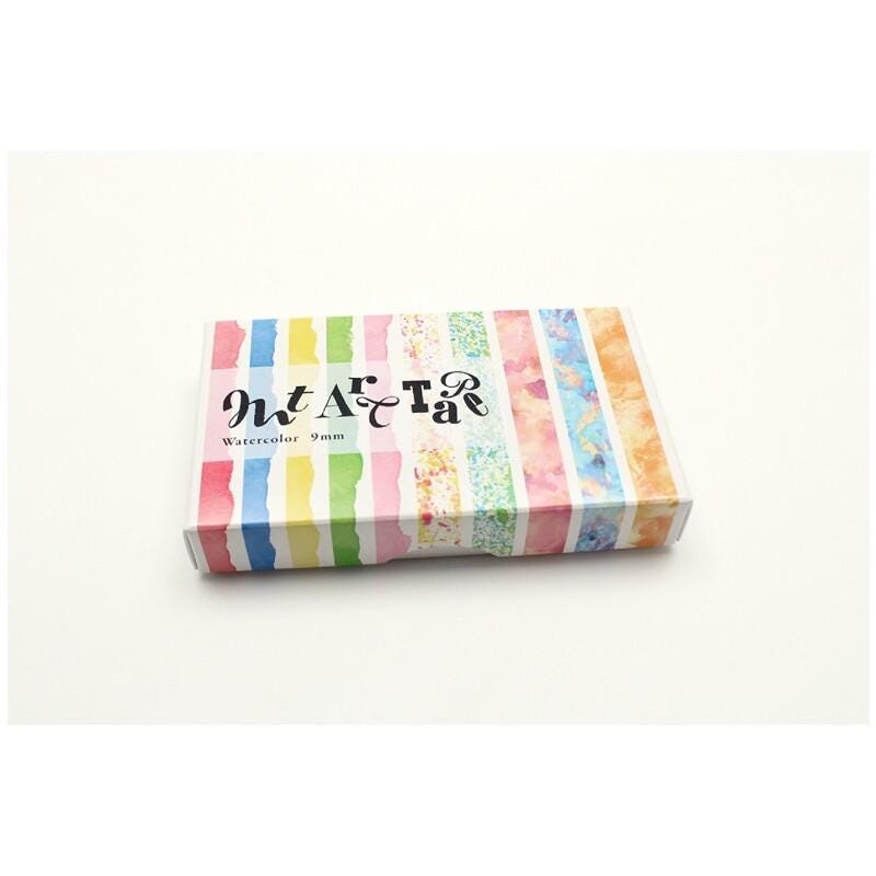 A colorful box of watercolor paints with a variety of vibrant stripes and patterns.
