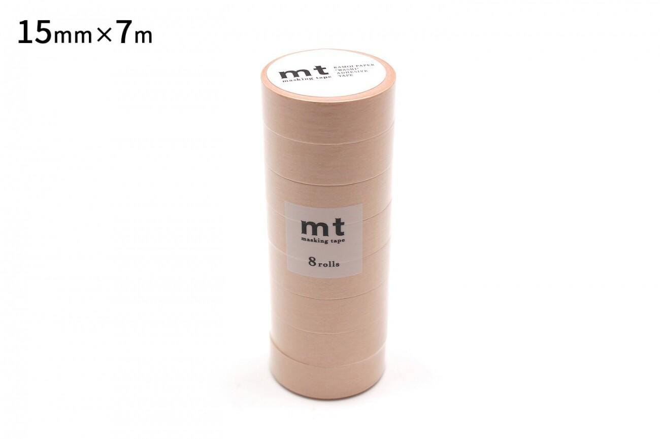 A cylindrical container of masking tape, with the label indicating it is "15mm x 7m" and "8 rolls".