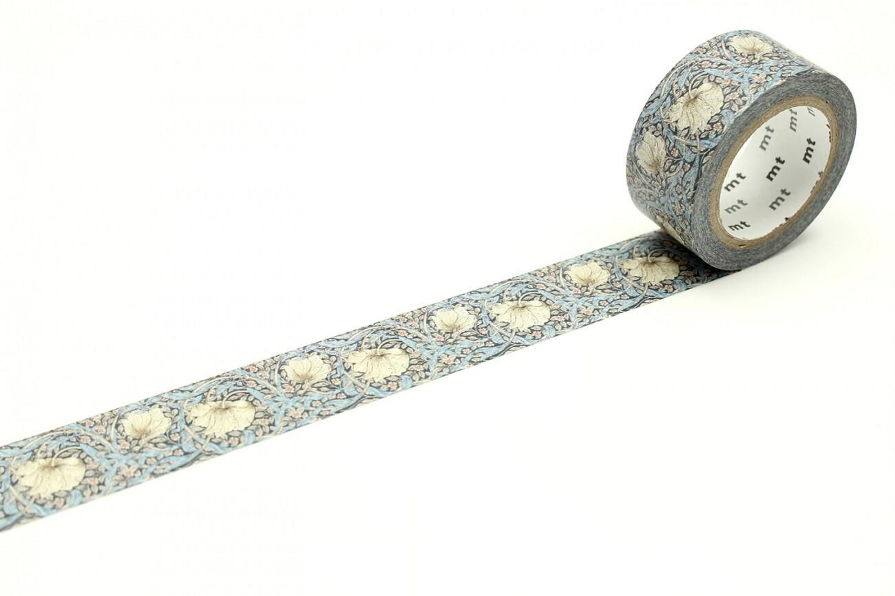 A roll of patterned tape with a floral design is placed on a white surface.