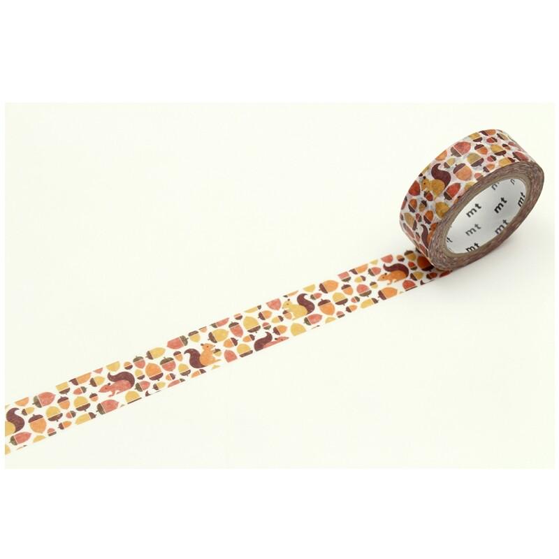 A roll of patterned tape with a repeating design of squirrels and acorns on a white background.