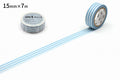 a roll of blue and white striped tape with a label, placed on a white surface.