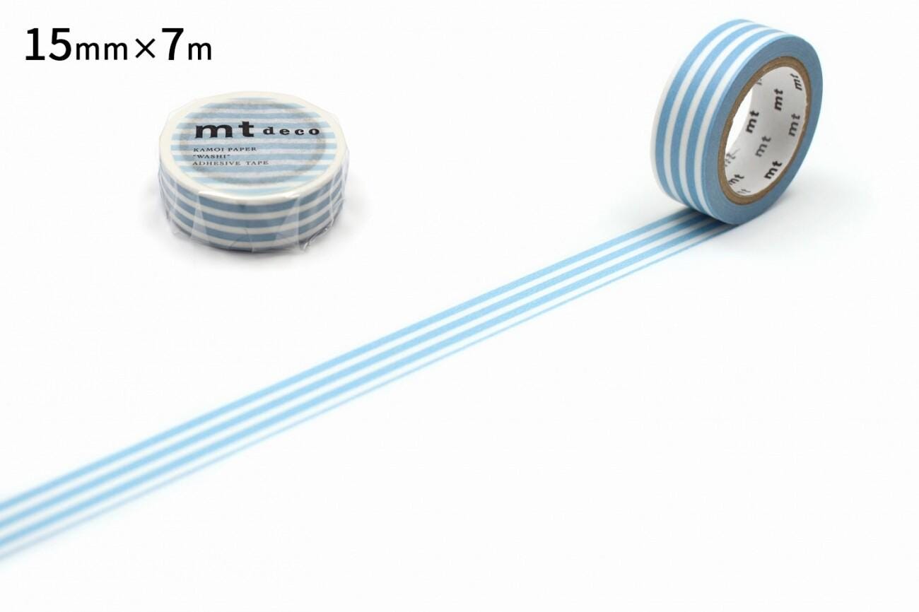 a roll of blue and white striped tape with a label, placed on a white surface.
