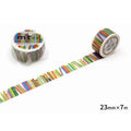 a roll of colorful book-themed tape with a variety of vibrant book covers and illustrations.