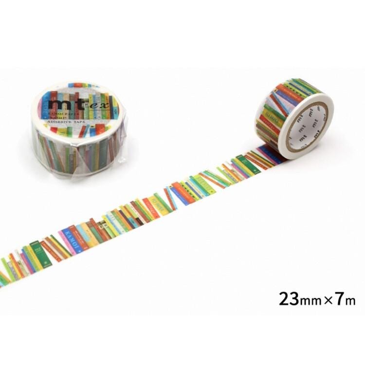 a roll of colorful book-themed tape with a variety of vibrant book covers and illustrations.