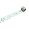 A roll of patterned tape with a colorful design of multicolored dots on a white background.