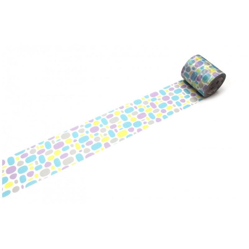 A roll of patterned tape with a colorful design of multicolored dots on a white background.