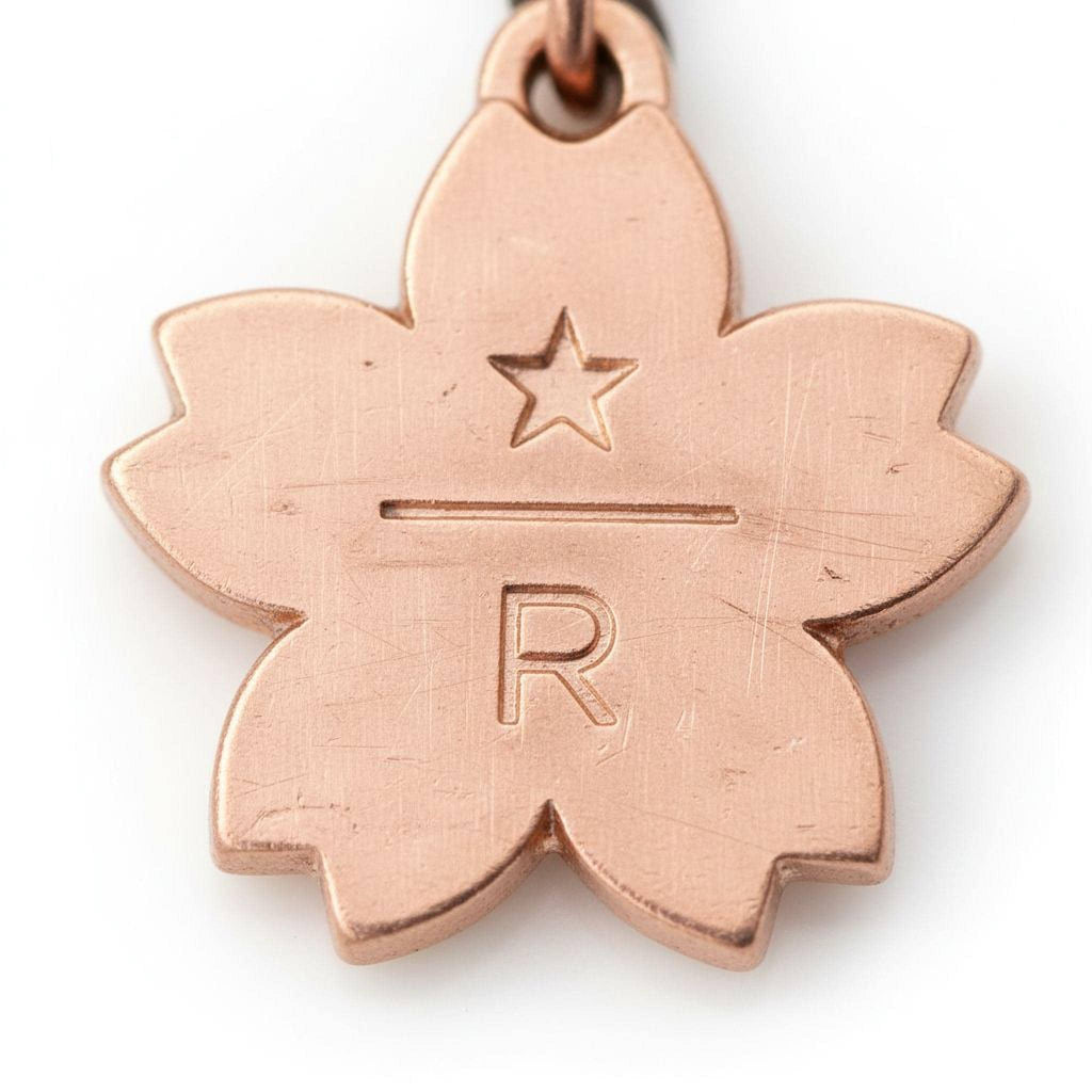 A close-up image of a copper-colored pendant or charm in the shape of a flower with a star and the letter "R" engraved on it.