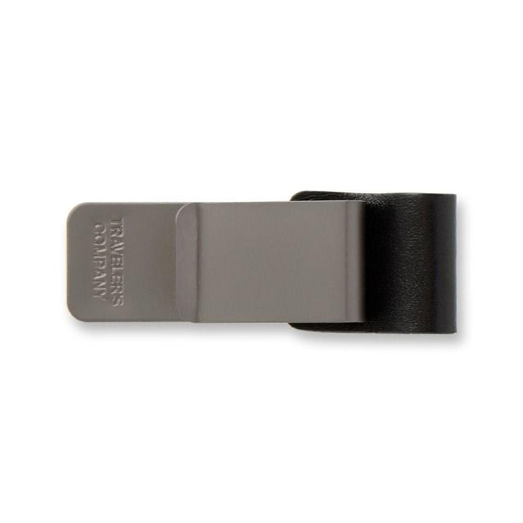 A metal money clip with a black leather strap.